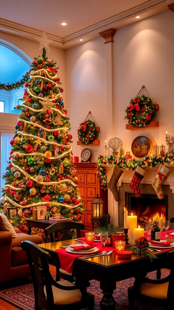 Festive Christmas Decor Ideas for Your Home A cozy Christmas living room with a decorated tree, stockings, and a festive table setting.